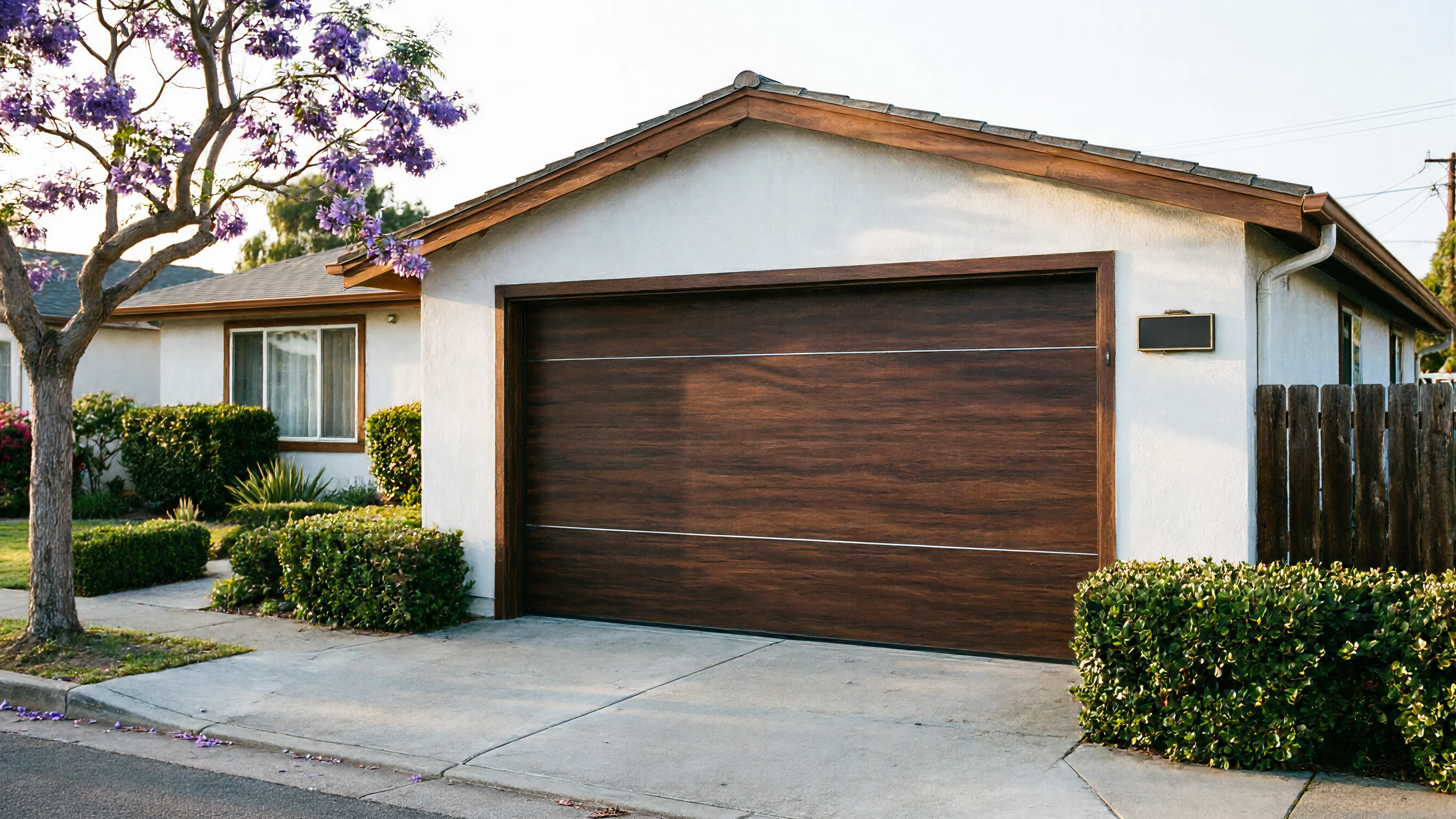 The house has a dark wood garage door with two horizontal silver lines.