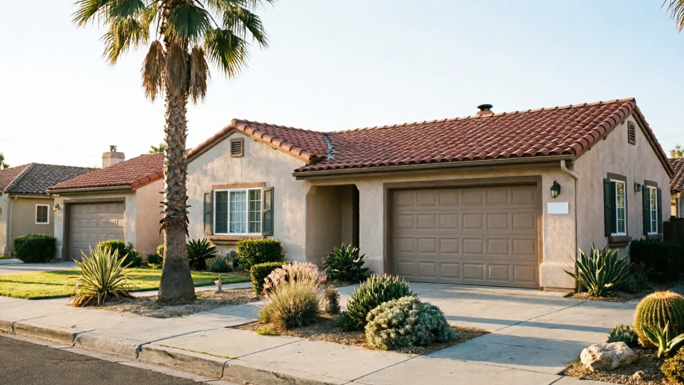 A beige house with a brown garage door and a red tile roof.